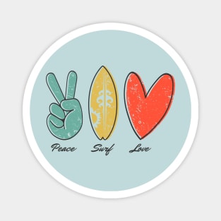 Peace, Surf, Love, finger peace sign, surfboard, Heart Ribbon Magnet